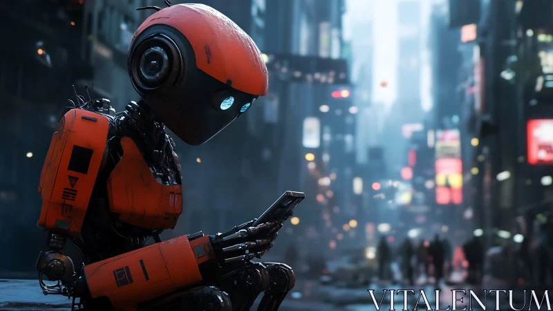 Orange service robot seated in dense urban street at night.