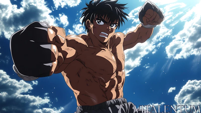 Dynamic anime boxer throws powerful punch against sky backdrop