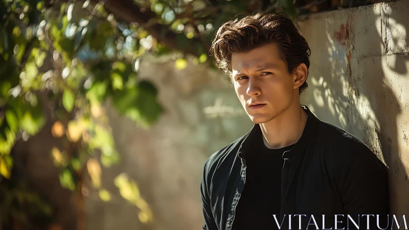 Moody portrait under dappled sunlight against garden wall.