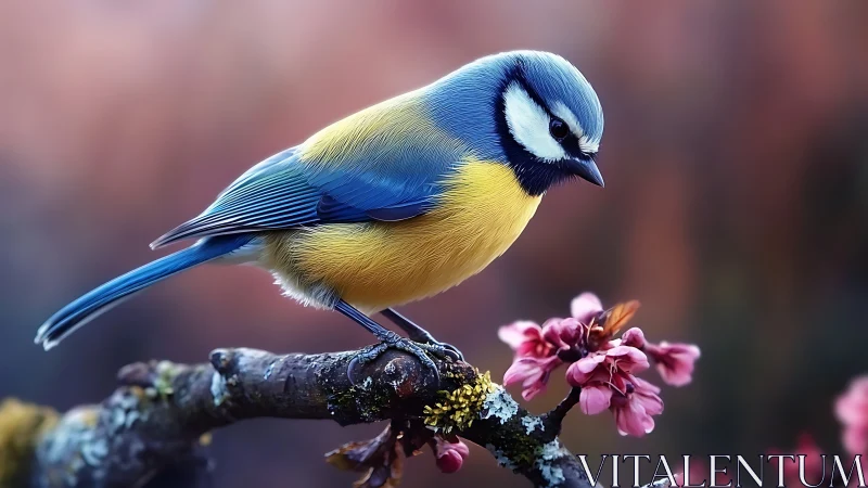 Blue Tit Perched on Blossoming Branch in Soft Pastel Colors.