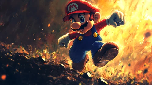 Dynamic jumping hero amid fiery painterly explosion.