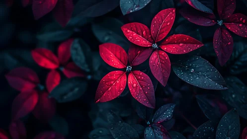 Red foliage is arranged against dark leaves with water droplets