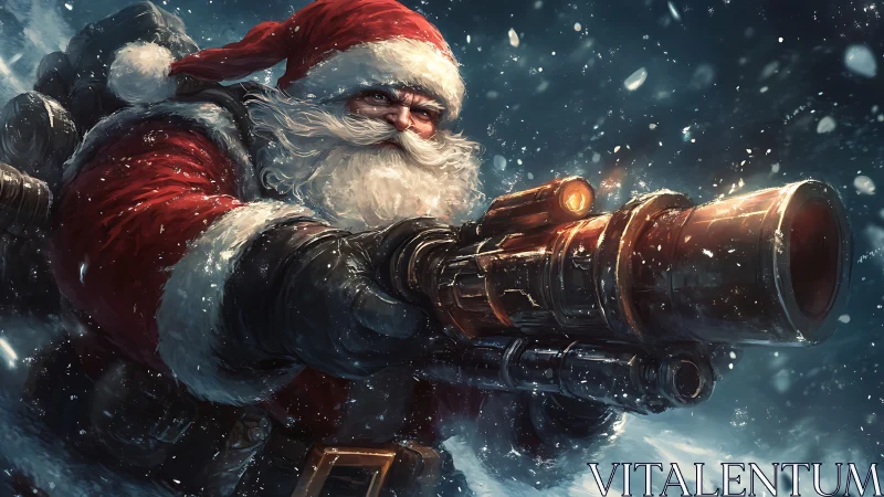 Santa in battle gear charging through a roaring snowstorm.