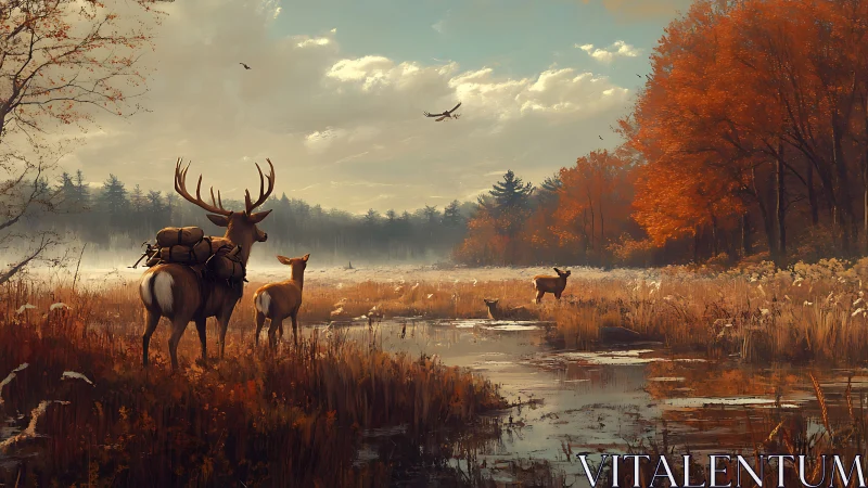 Deer stand by reflective marsh in detailed autumn landscape