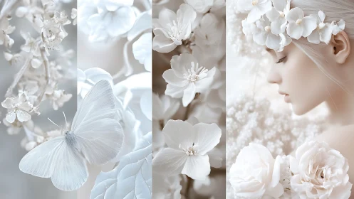 Ethereal monochrome portrait with blossoms and butterfly.
