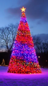 Outdoor Christmas tree covered in vivid multicolor lights.