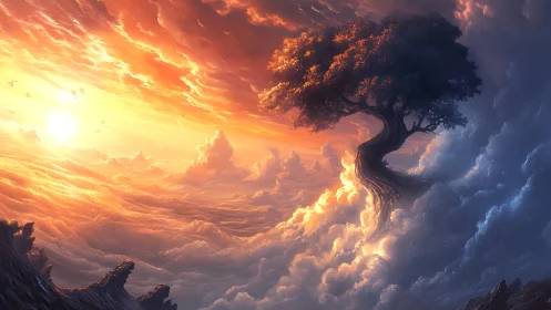Sunset-lit skyborne tree anchored in swirling clouds.