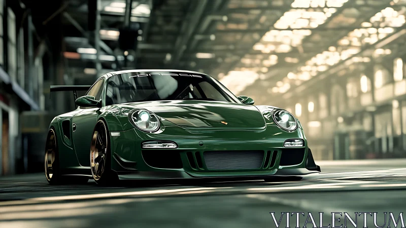 Green sports coupe in industrial warehouse interior setting.