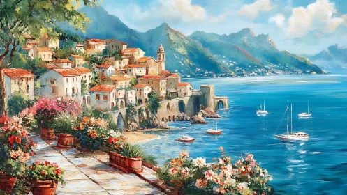 Seaside village terrace overlooks a bright Mediterranean bay.