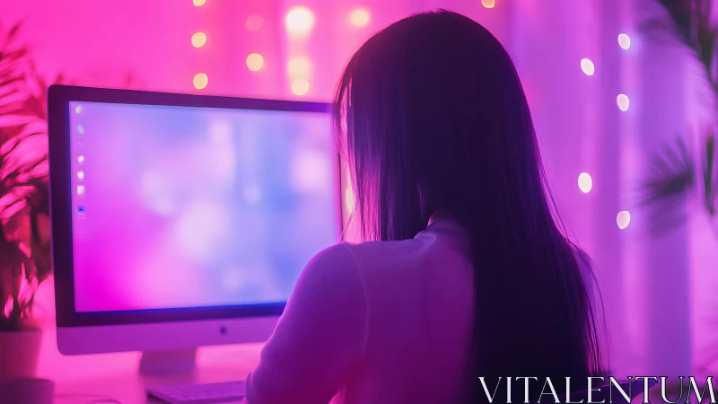 Backlit workstation user under magenta bokeh LED illumination