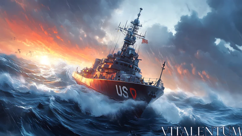 Naval vessel traverses rough ocean under storm-lit sky