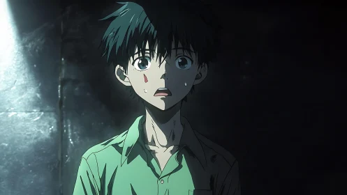 Anime boy in dim setting with glowing chest wound.