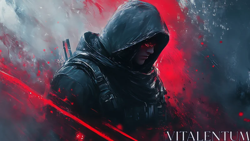 Hooded cyber assassin in red-black nebula lighting profile