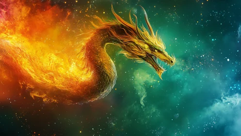 Fiery cosmic dragon sweeping across glowing nebula sky.