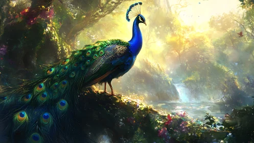 Iridescent peacock rendered in luminous spectral forest light.