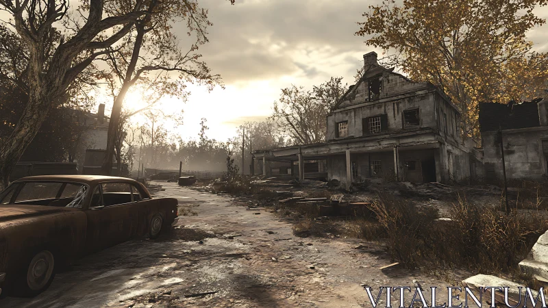 Post-apocalyptic roadside ruin under low-contrast backlit sky