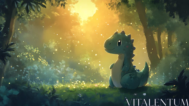 Cute baby dinosaur rests in a glowing magical forest clearing.