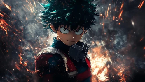 Energetically lit anime hero amid dynamic combustion field.