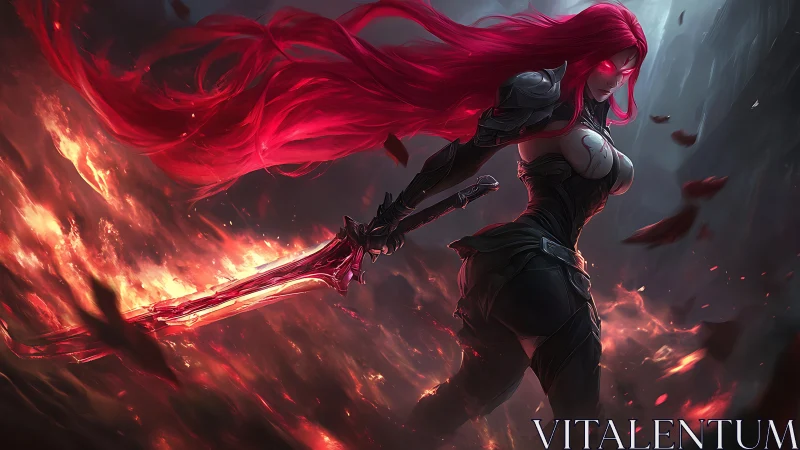 Crimson-haired demon warrior strides through molten battlefield.