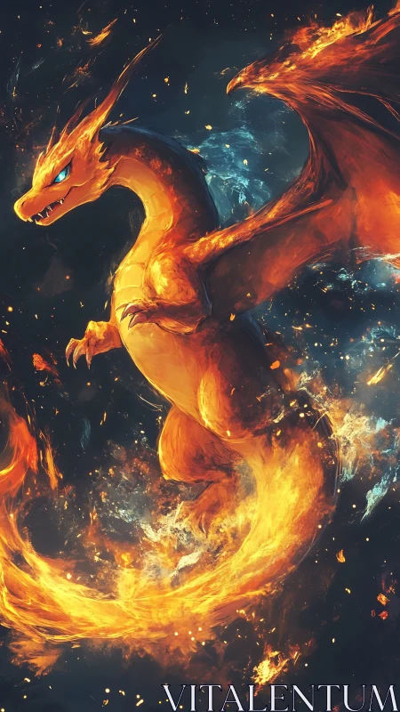 Blazing fire dragon surges through embers in a cosmic night