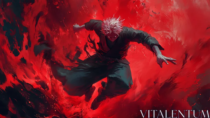 Dynamic warrior descending through turbulent red energy field