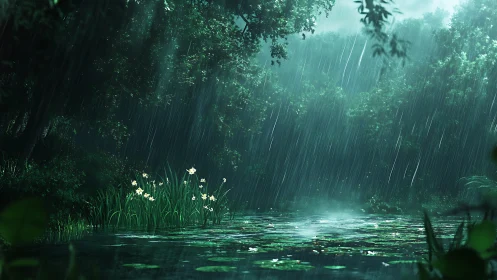 Lily-quiet forest pond dreaming under silver curtain rain.