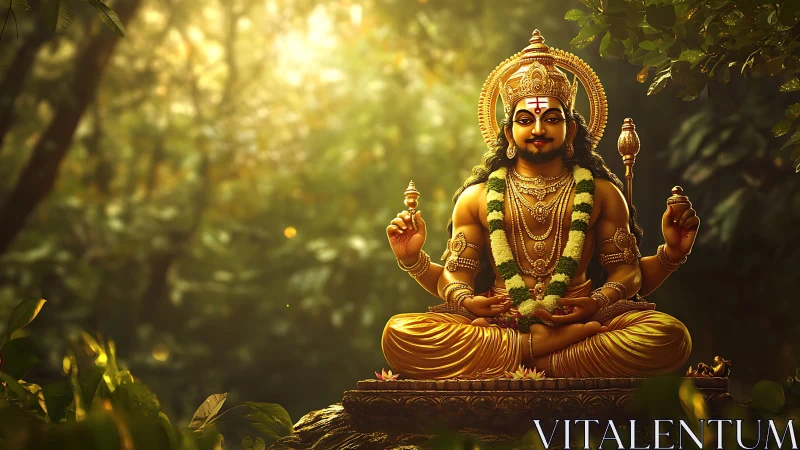 Golden Hindu deity statue in meditative forest light.