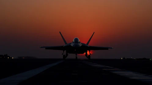 Silhouetted jet fighter aligns on runway centerline at red dusk