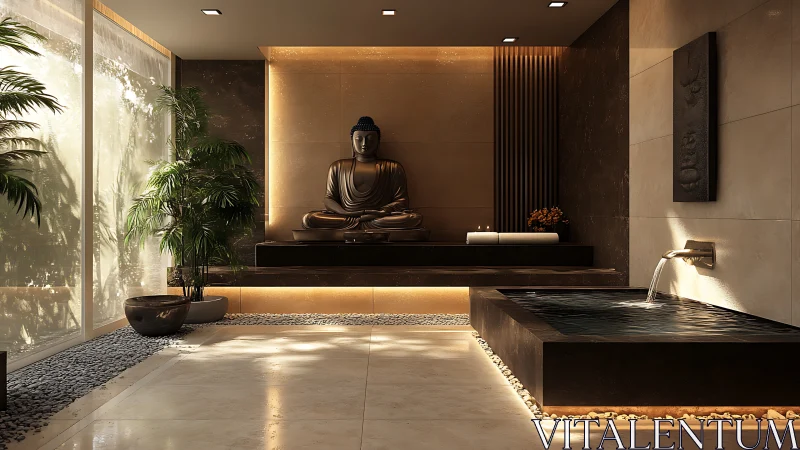 Tranquil spa retreat with Buddha and softly lit water pool.