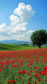 Scarlet poppy meadow under cumulus clouds and distant hills.