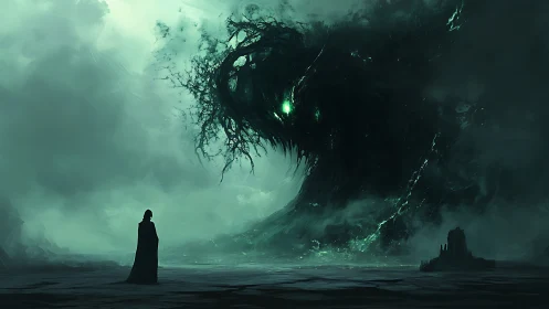 Cloaked wanderer confronting colossal emerald void entity.