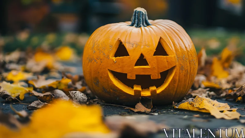 Carved jack o lantern glows among fallen autumn leaves.