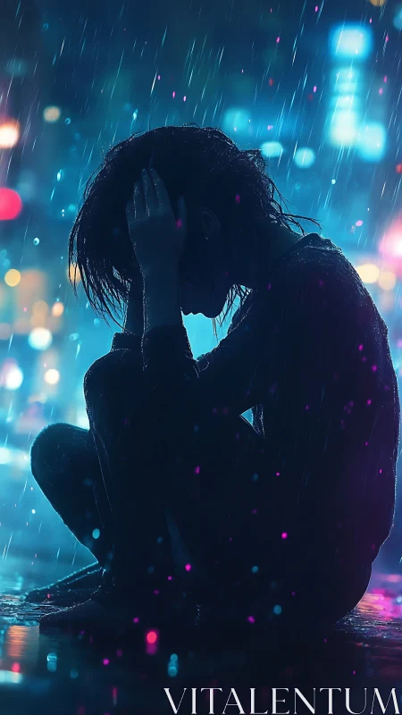 Silhouetted figure seated in urban rain with neon lighting.