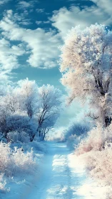 Snow-laden forest path recedes under high-contrast winter sky