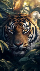 Tiger close-up portrait framed by dense jungle foliage.