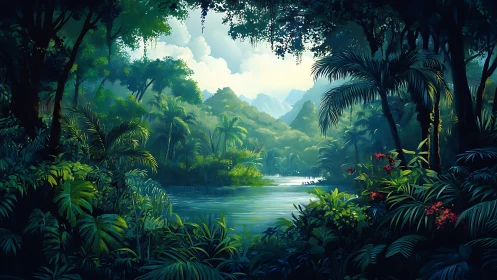 Serene Tropical Lagoon Nestled Among Ancient Rainforest Trees