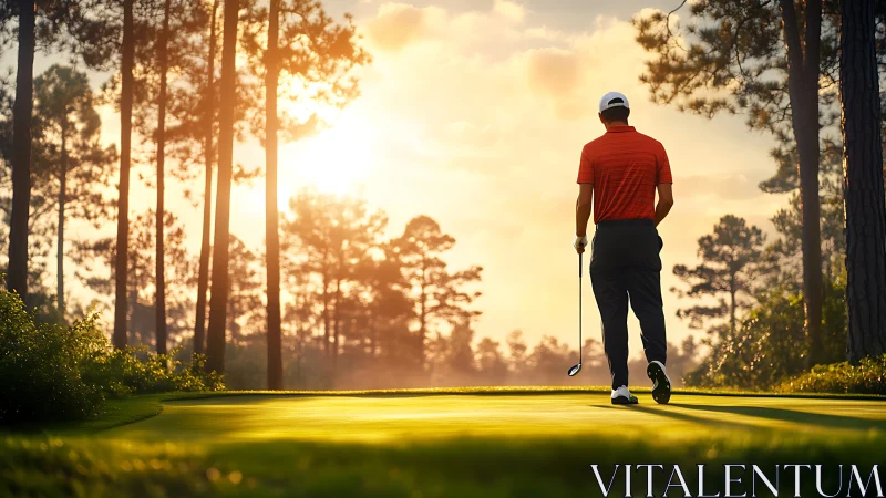 Photorealistic golf course sunset with solitary player silhouette.