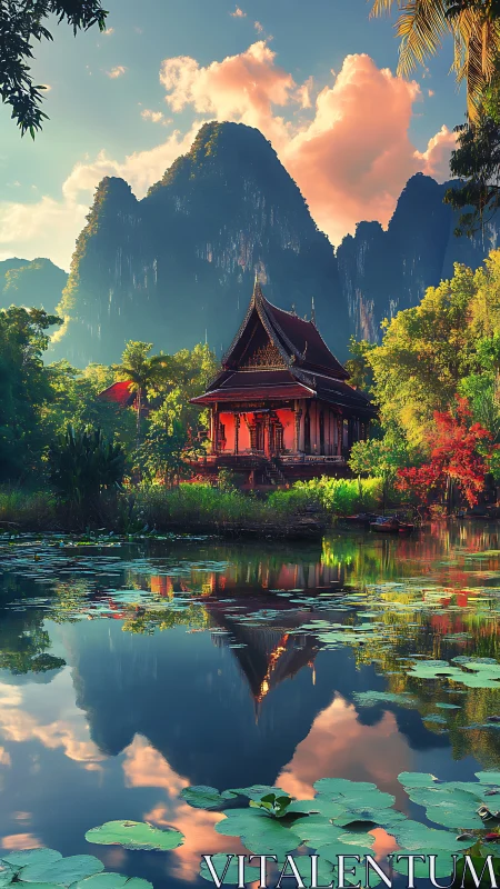 Serene lakeside temple reflects beneath towering emerald peaks.