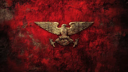 Golden imperial eagle emblem on distressed red field.