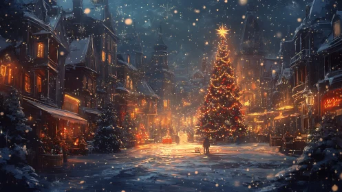 Snow-laden town square centers on illuminated Christmas tree