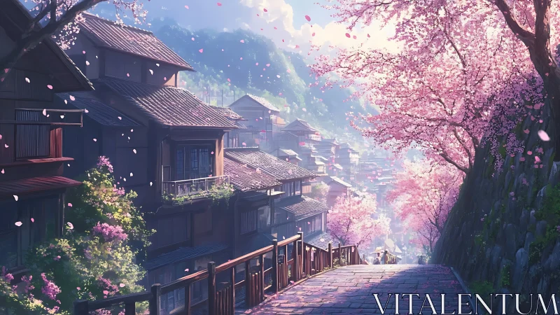 Sunlit hillside street wrapped in gentle cherry blossoms.