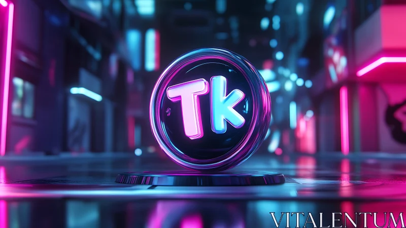 Neon Tk logo sphere in glossy futuristic city scene.