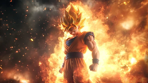 Flaming warrior ascends amid explosive cosmic inferno glow.