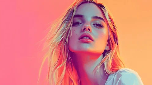 Digital portrait of woman on gradient pink orange background.