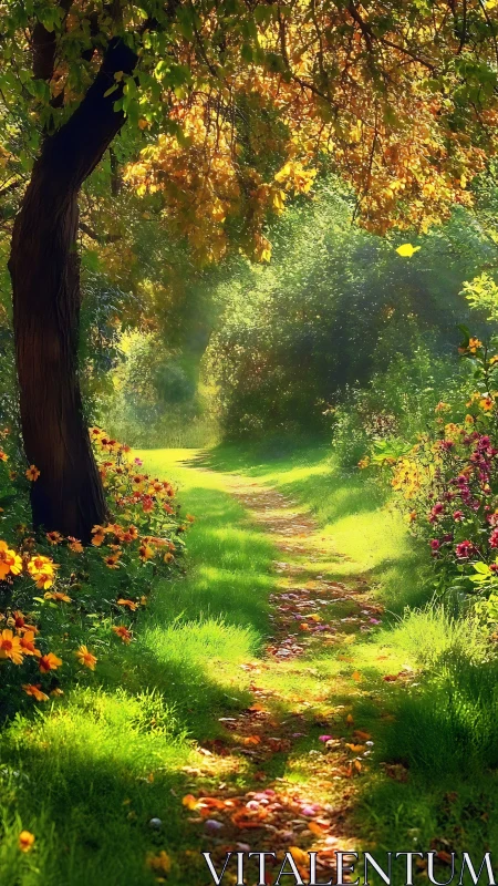 Sunlit forest path with glowing foliage and wildflowers.