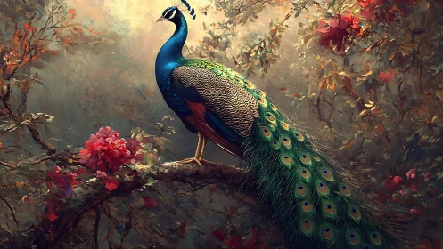 Majestic peacock perched on flowering forest branch.