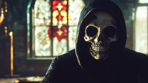 Hooded skull figure looms in stained glass lit abandoned chapel