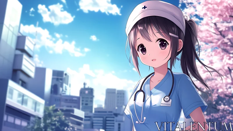 Anime nurse stands in spring hospital courtyard under sky.