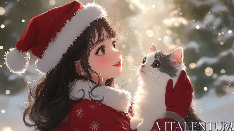 Girl in red Santa outfit holding cat in snowy winter scene