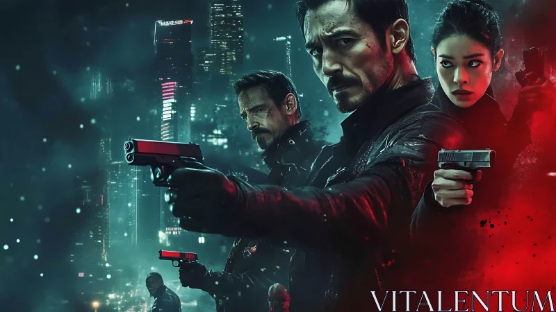 Neo-noir photomontage of armed agents in urban haze.